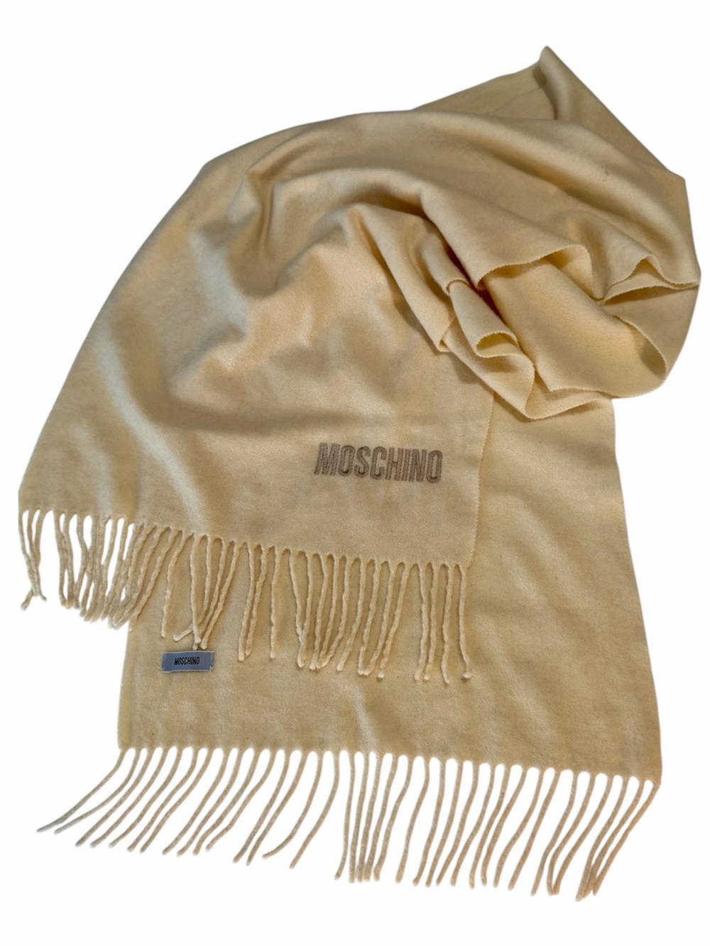 Vintage Moschino Y2K Lambswool Ivory Fringe Scarf Cream Italy Luxury Rare